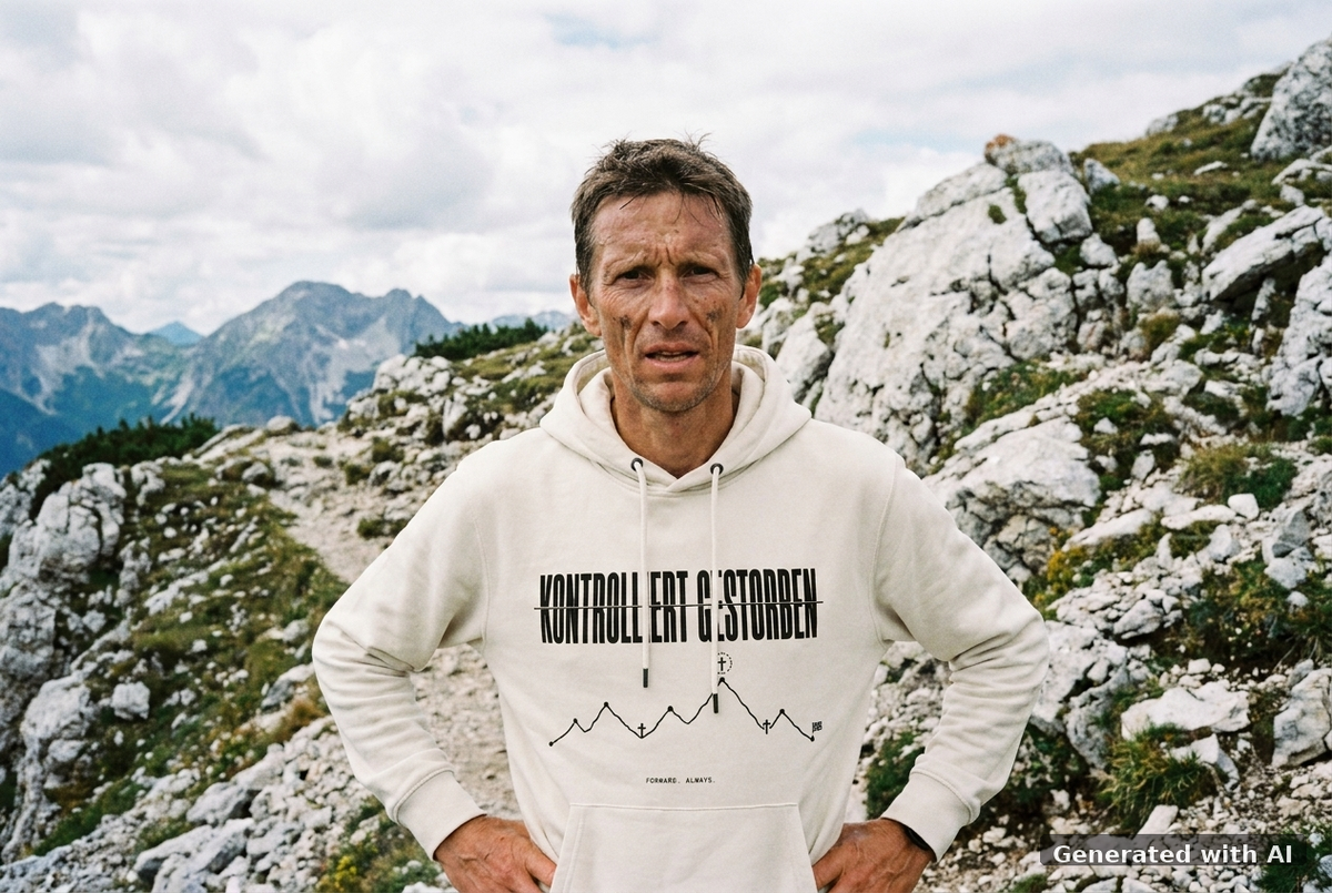 KONTROLLIERT GESTORBEN Organic Trail Running Hoodie - Black Print - Trail Mockup (Front) [Off White]