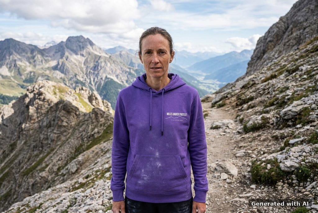 DOGS. COFFEE. RUNNING Hoodie – Organic Trail Running Hoodie (White Print) - Trail Mockup (Front) [Purple Love]