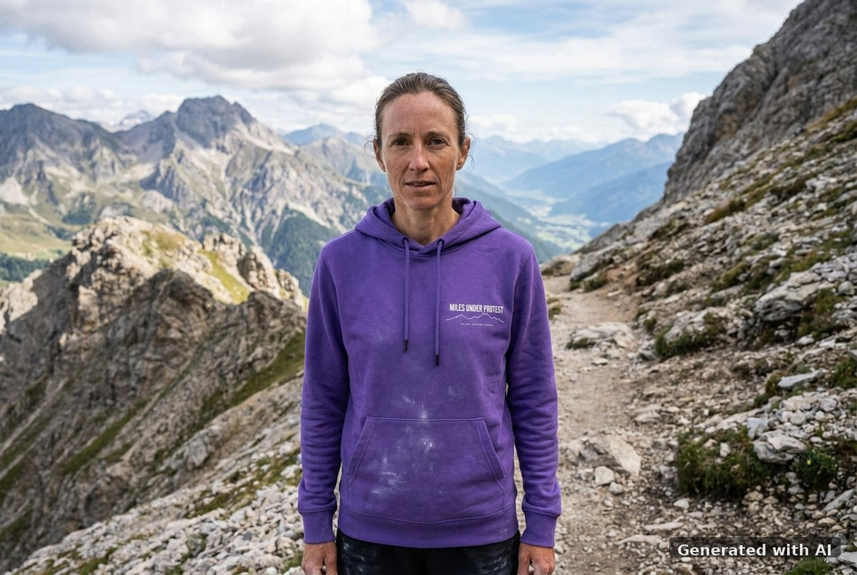 DOGS. COFFEE. RUNNING Hoodie – Organic Trail Running Hoodie (White Print) - Trail Mockup (Front) [Purple Love]