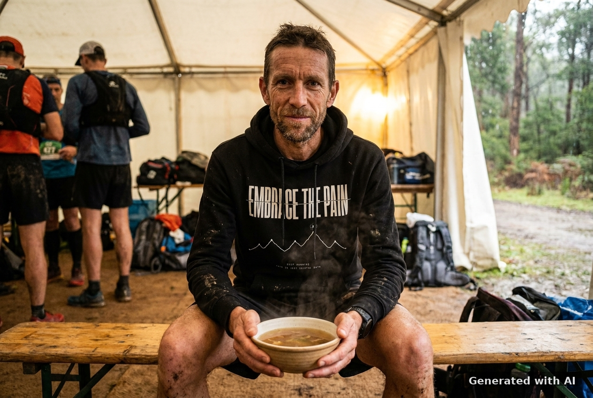 EMBRACE THE PAIN Hoodie – Organic Trail Running Hoodie (White Print) - Trail Mockup (Front) [Black]