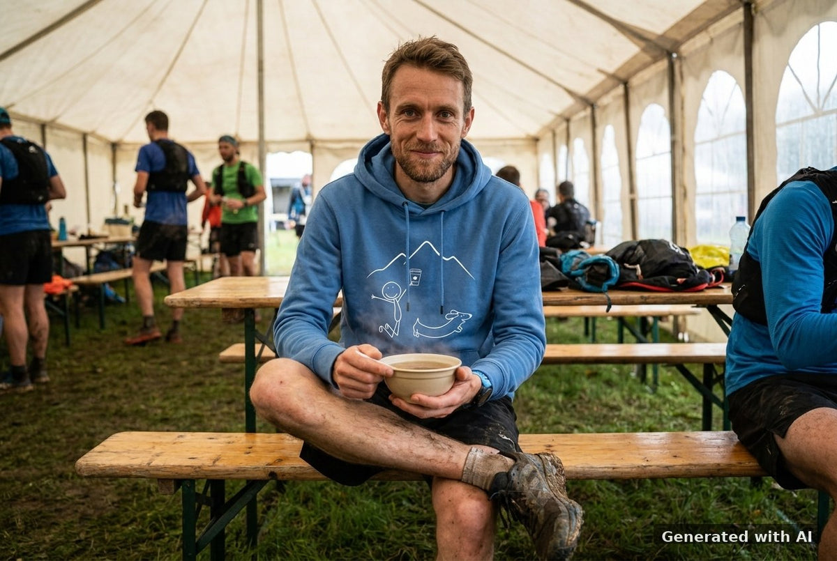 DOGS. COFFEE. RUNNING Hoodie – Organic Trail Running Hoodie (White Print) - Trail Mockup (Front) [Bright Blue]