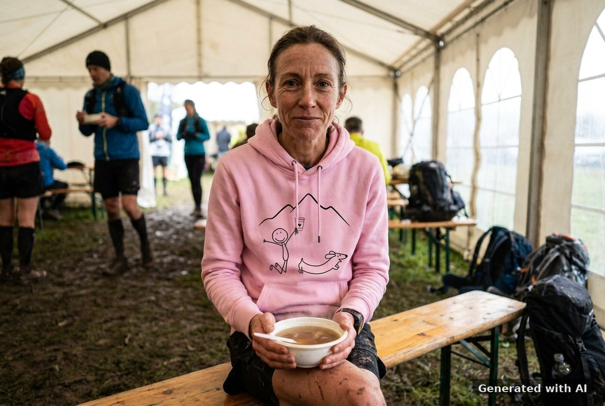 DOGS. COFFEE. RUNNING Hoodie – Organic Trail Running Hoodie (Black Print) - Trail Mockup (Front) [Bubble Pink]