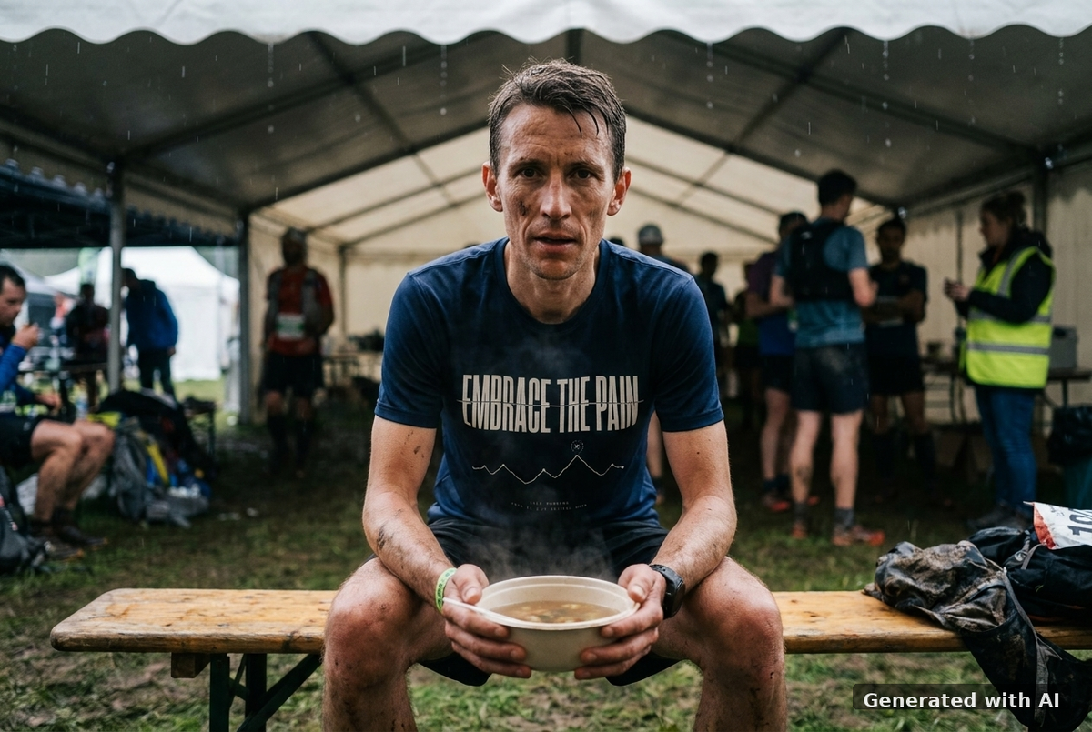 EMBRACE THE PAIN Tee – Organic Trail Running T-Shirt (White Print) - Trail Mockup (Front) [French Navy]