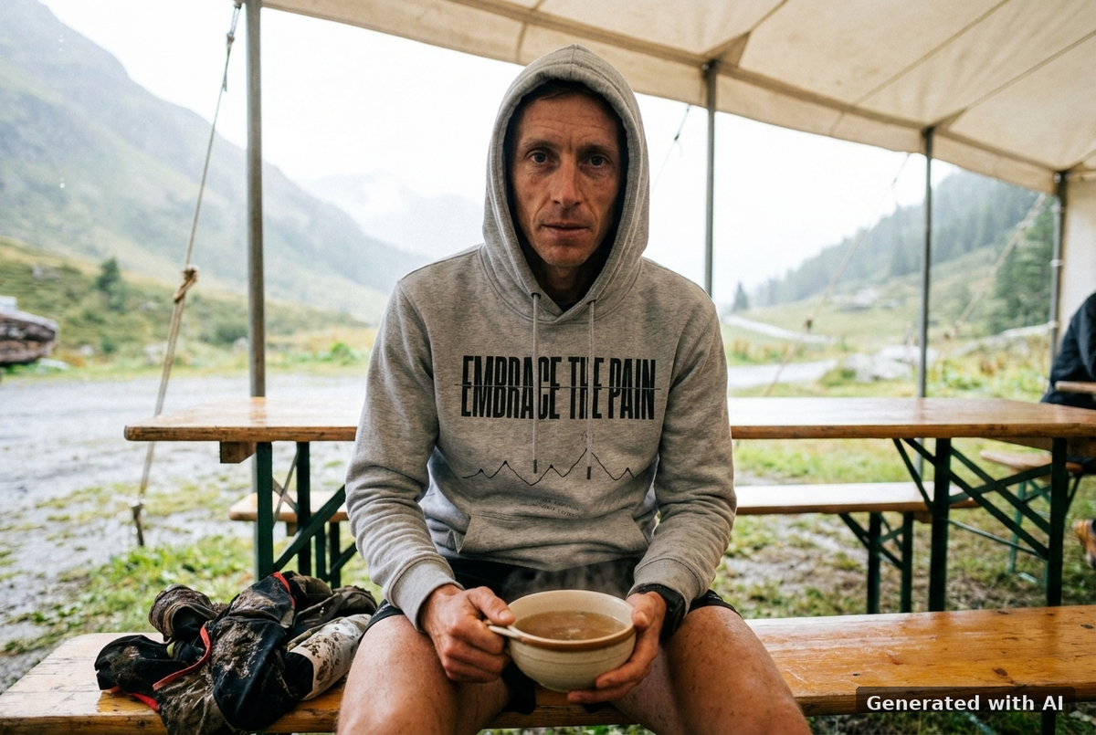 EMBRACE THE PAIN Hoodie – Organic Trail Running Hoodie (Black Print) - Trail Mockup (Front) [Heather Grey]