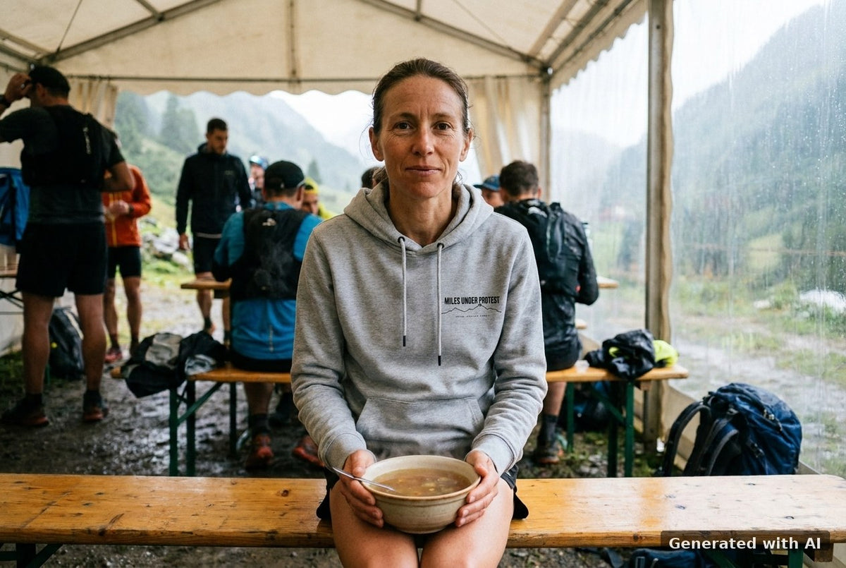 DOGS. COFFEE. RUNNING Hoodie – Organic Trail Running Hoodie (Black Print) - Trail Mockup (Front) [Mid Heather Grey]