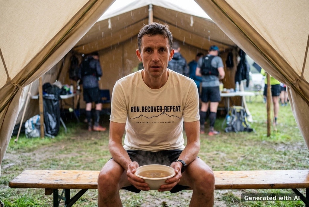 RUN RECOVER REPEAT Tee – Organic Trail Running T-Shirt (Black Print) - Trail Mockup (Front) [Natural Raw]