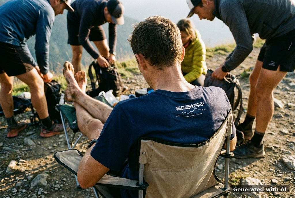 KONTROLLIERT GESTORBEN Organic Trail Running Tee – White Print - Trail Mockup (Back) [French Navy]