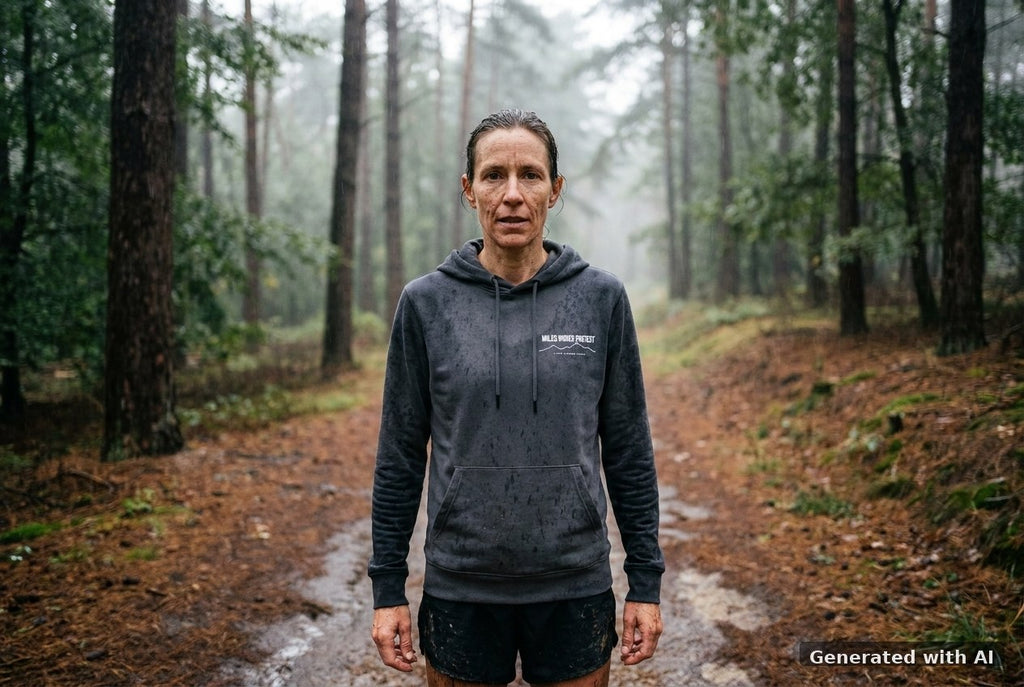 DOGS. COFFEE. RUNNING Hoodie – Organic Trail Running Hoodie (White Print) - Trail Mockup (Front) [Anthracite]