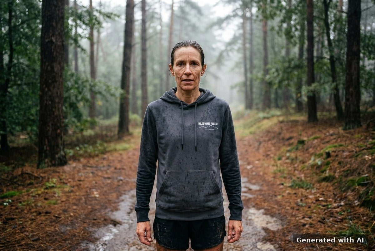 DOGS. COFFEE. RUNNING Hoodie – Organic Trail Running Hoodie (White Print) - Trail Mockup (Front) [Anthracite]