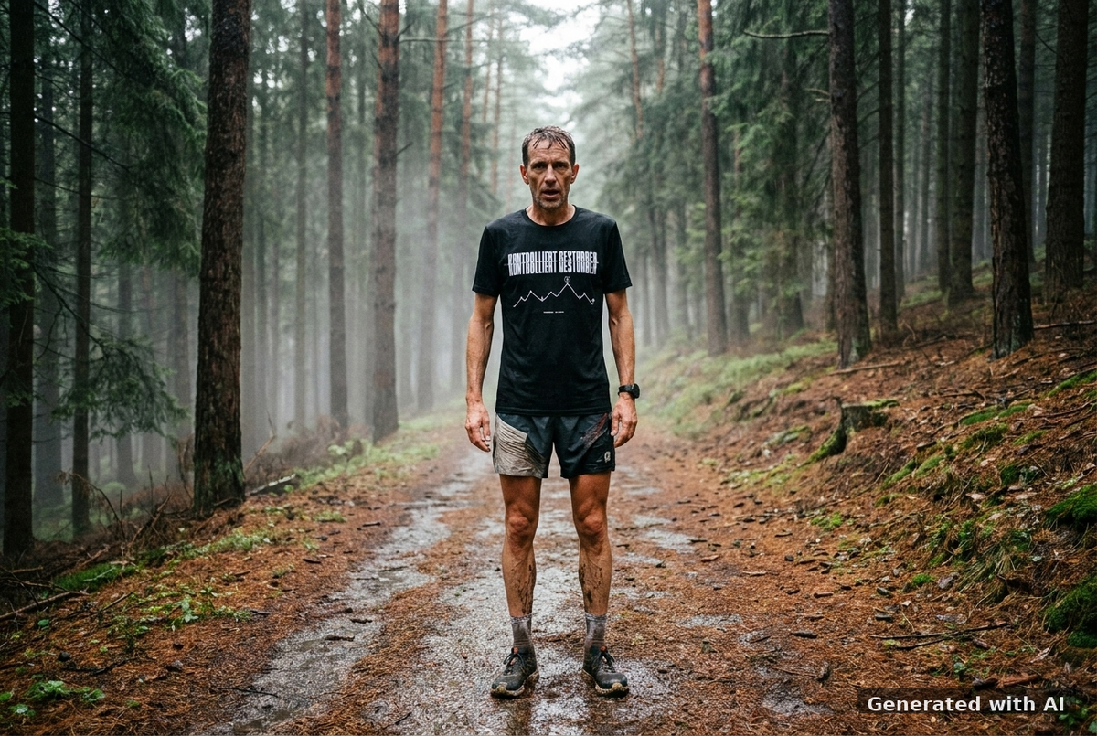 KONTROLLIERT GESTORBEN Organic Trail Running Tee – White Print - Trail Mockup (Front) [Black]