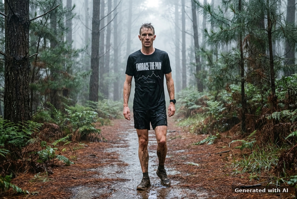 EMBRACE THE PAIN Tee – Organic Trail Running T-Shirt (White Print) - Trail Mockup (Front) [Black]