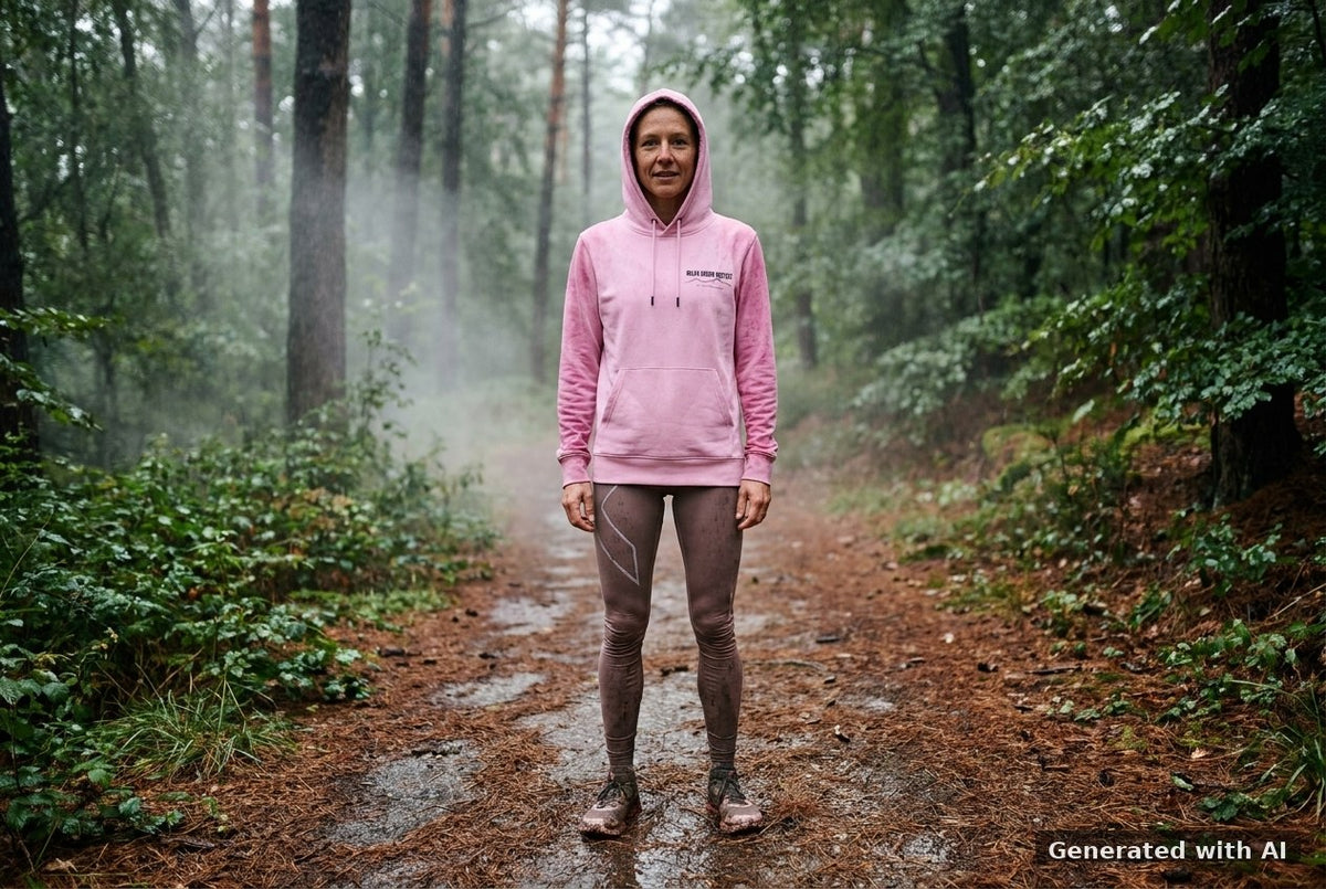 DOGS. COFFEE. RUNNING Hoodie – Organic Trail Running Hoodie (Black Print) - Trail Mockup (Front) [Bubble Pink]