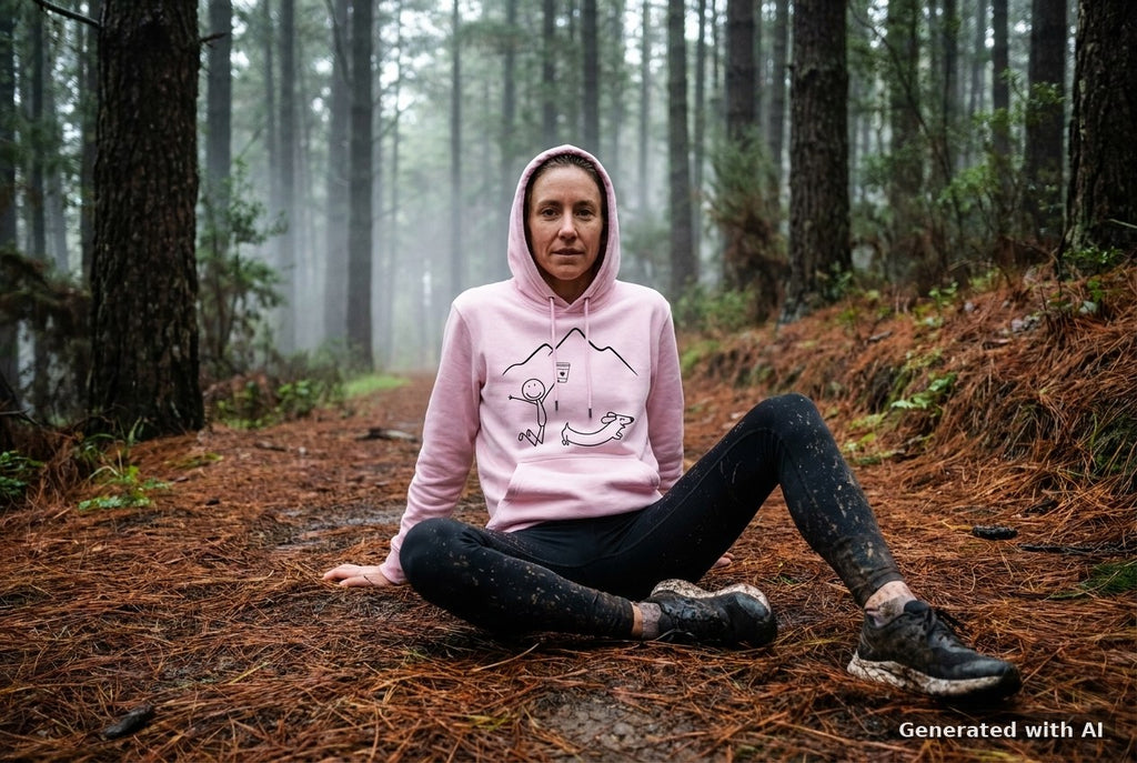 DOGS. COFFEE. RUNNING Hoodie – Organic Trail Running Hoodie (Black Print) - Trail Mockup (Front) [Cotton Pink]