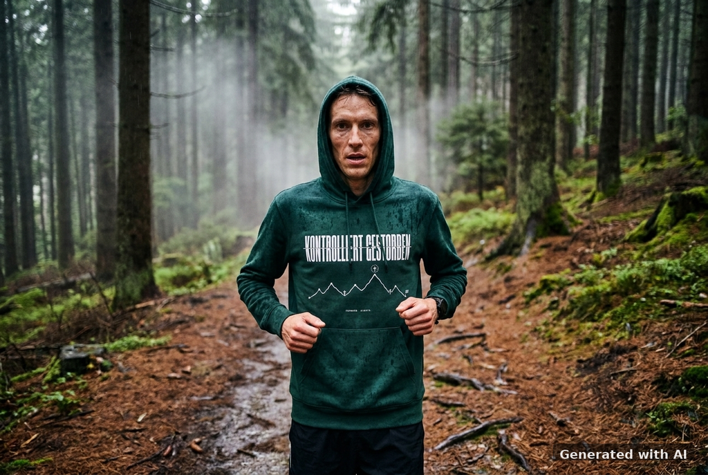 KONTROLLIERT GESTORBEN Organic Trail Running Hoodie - White Print - Trail Mockup (Front) [Glazed Green]