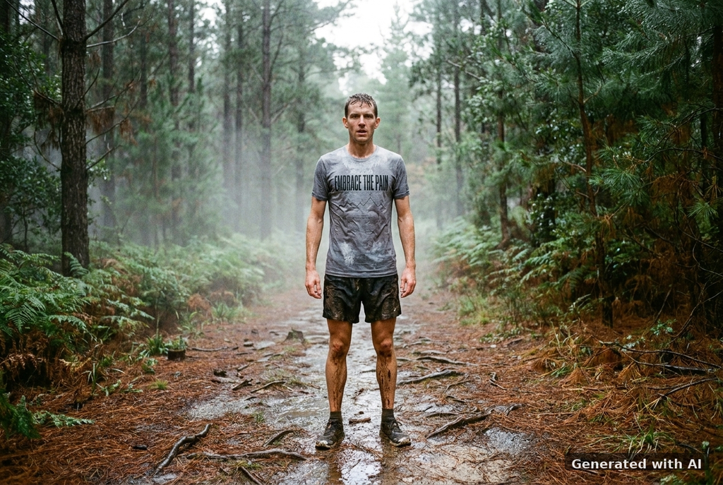 EMBRACE THE PAIN Tee – Organic Trail Running T-Shirt (Black Print) - Trail Mockup (Front) [Heather Grey]