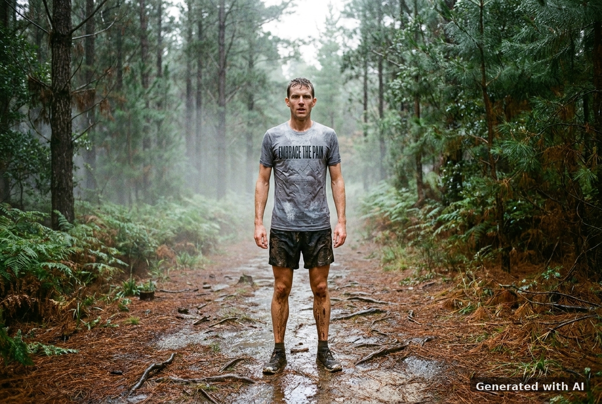 EMBRACE THE PAIN Tee – Organic Trail Running T-Shirt (Black Print) - Trail Mockup (Front) [Heather Grey]