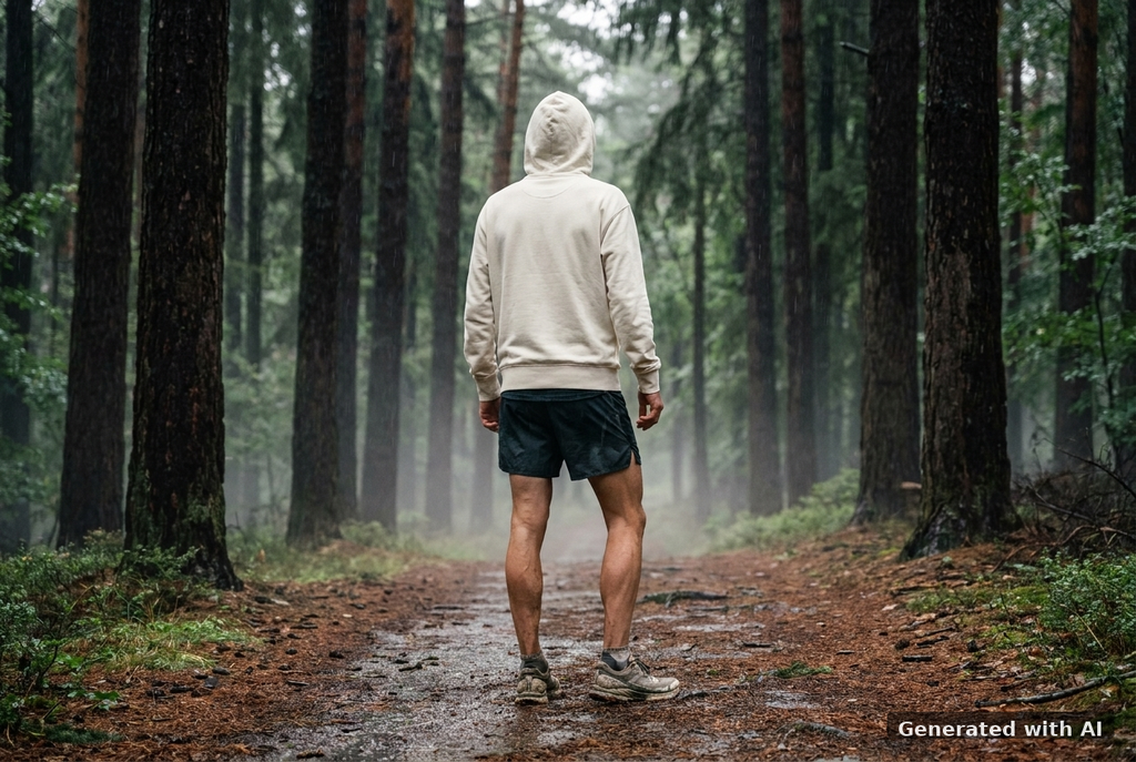 MILES UNDER PROTEST Hoodie – Organic Trail Running Hoodie (Black Print) - Trail Mockup (Back) [Off White]