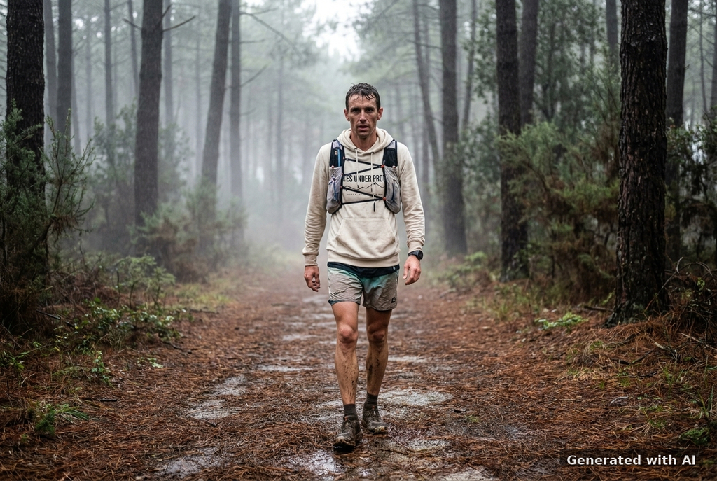 MILES UNDER PROTEST Hoodie – Organic Trail Running Hoodie (Black Print) - Trail Mockup (Front) [Off White]