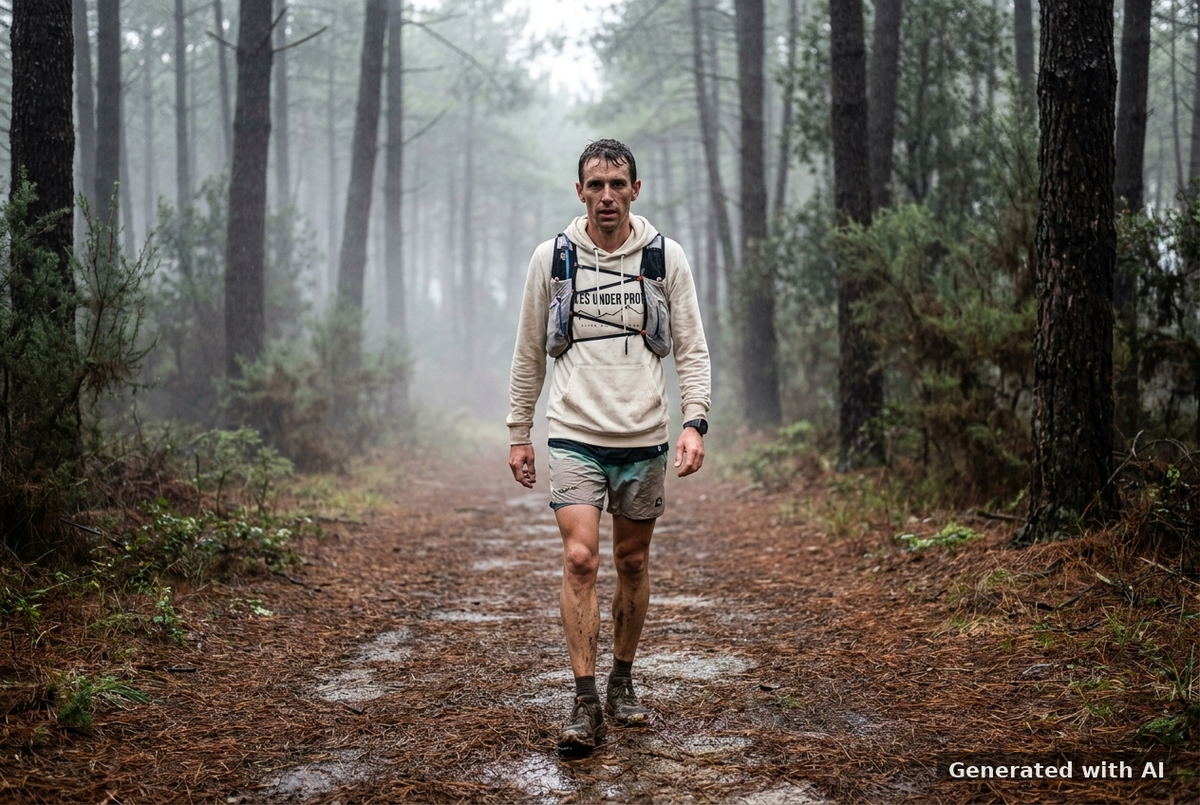 MILES UNDER PROTEST Hoodie – Organic Trail Running Hoodie (Black Print) - Trail Mockup (Front) [Off White]