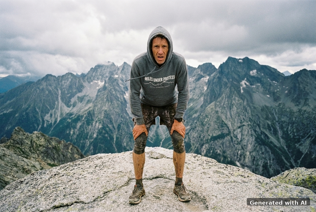 MILES UNDER PROTEST Organic Trail Running Hoodie – White Print - Trail Mockup (Front) [Dark Heather Grey]