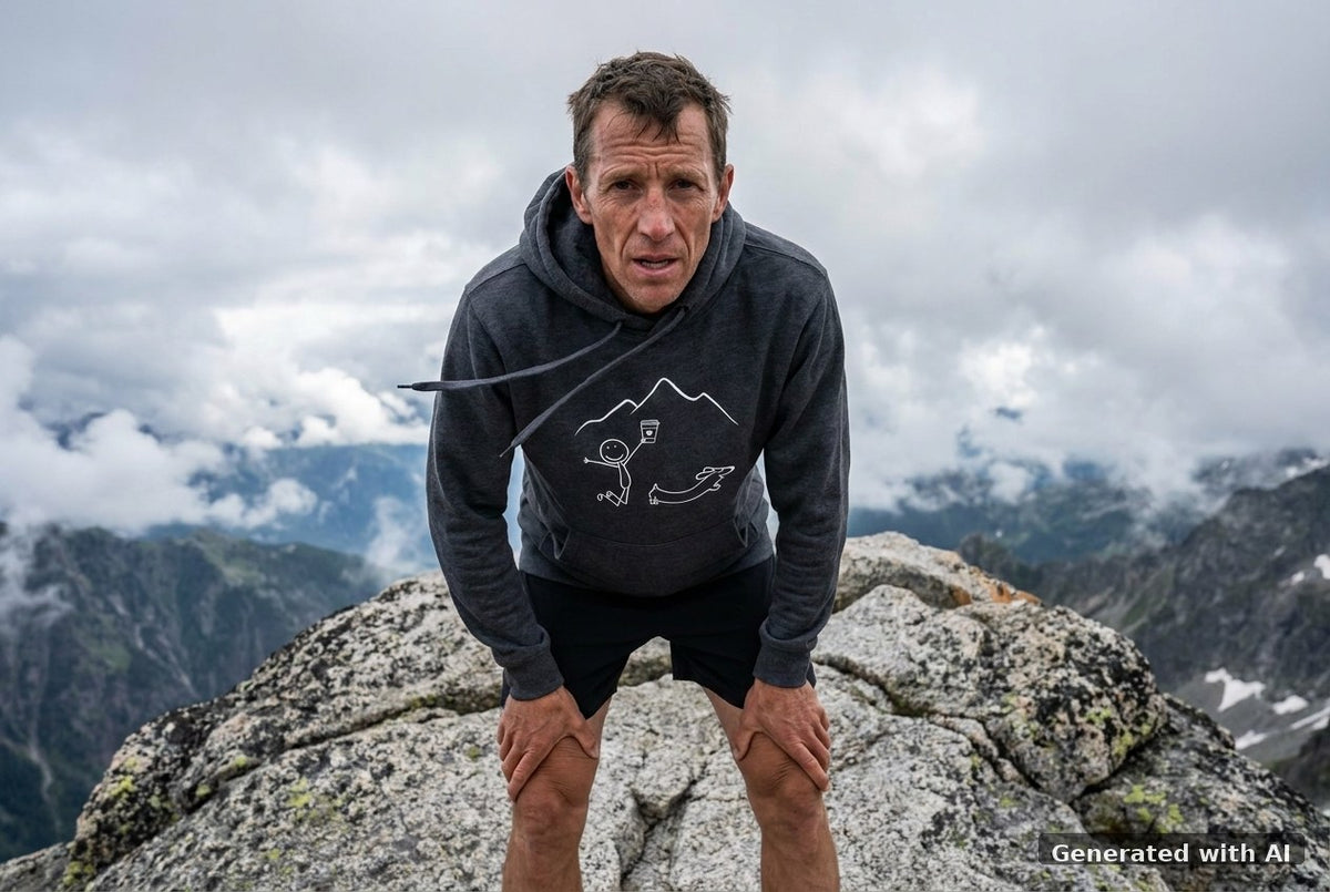 DOGS. COFFEE. RUNNING Hoodie – Organic Trail Running Hoodie (White Print) - Trail Mockup (Front) [Dark Heather Grey]
