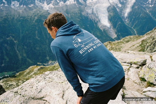 DOGS. COFFEE. RUNNING Hoodie – Organic Trail Running Hoodie (White Print) - Trail Mockup (Back) [Deep Teal]