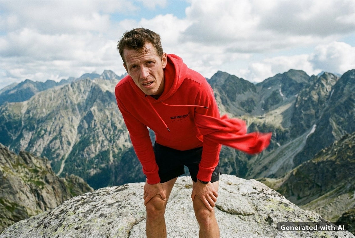 DOGS. COFFEE. RUNNING Hoodie – Organic Trail Running Hoodie (Black Print) - Trail Mockup (Front) [Red]
