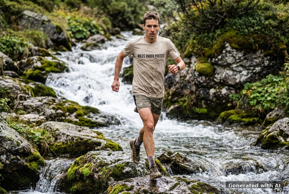 MILES UNDER PROTEST Tee – Organic Trail Running T-Shirt (Black Print) - Trail Mockup (Front) [Desert Dust]
