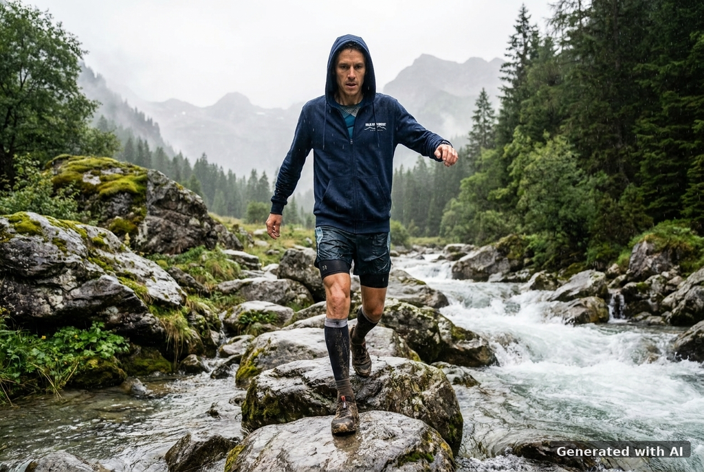 RUN RECOVER REPEAT Organic Zip Hoodie (White Print) - Trail Mockup (Front) [French Navy]