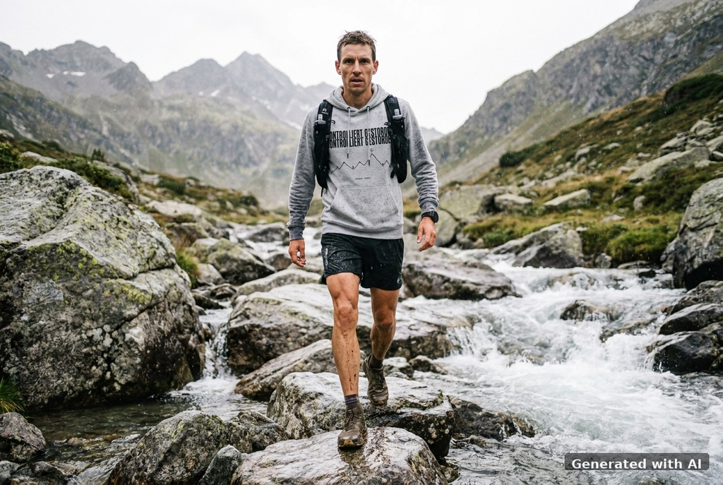 KONTROLLIERT GESTORBEN Organic Trail Running Hoodie - Black Print - Trail Mockup (Front) [Heather Grey]