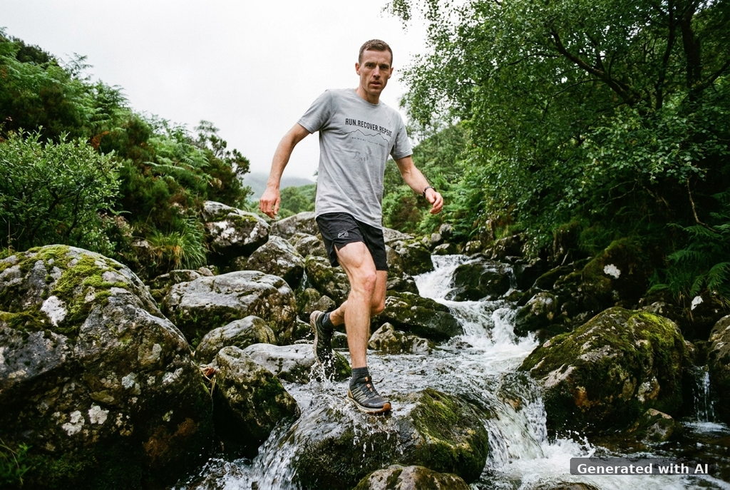 RUN RECOVER REPEAT Heavy Tee – Oversized Organic T-Shirt (Black Print) - Trail Mockup (Front) [Heather Grey]