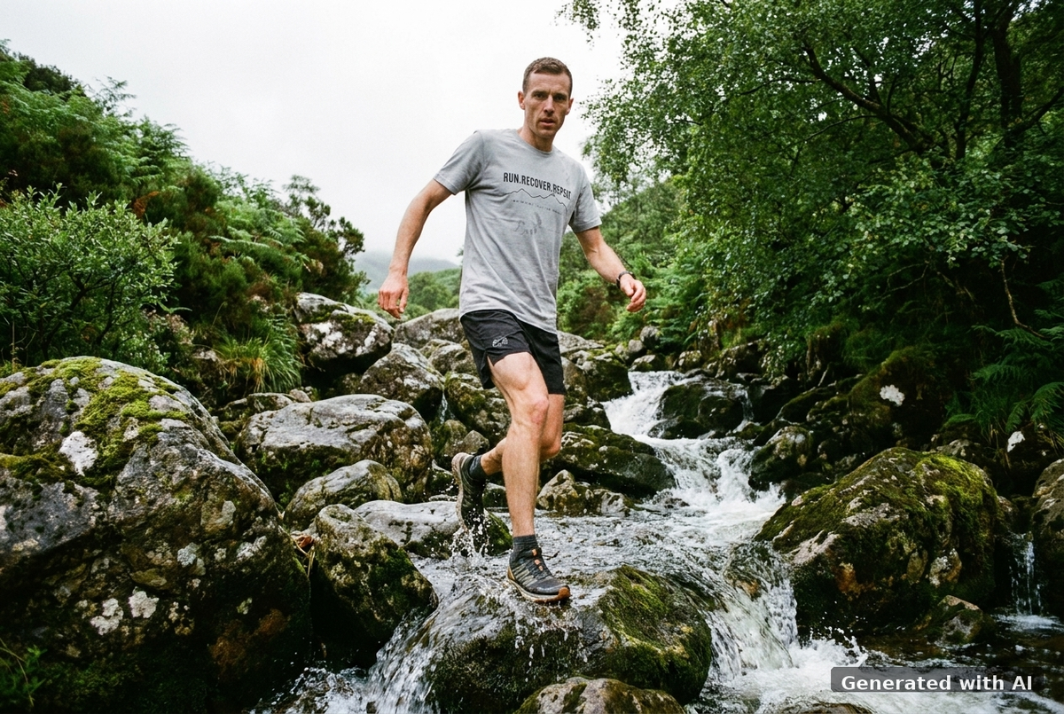 RUN RECOVER REPEAT Heavy Tee – Oversized Organic T-Shirt (Black Print) - Trail Mockup (Front) [Heather Grey]