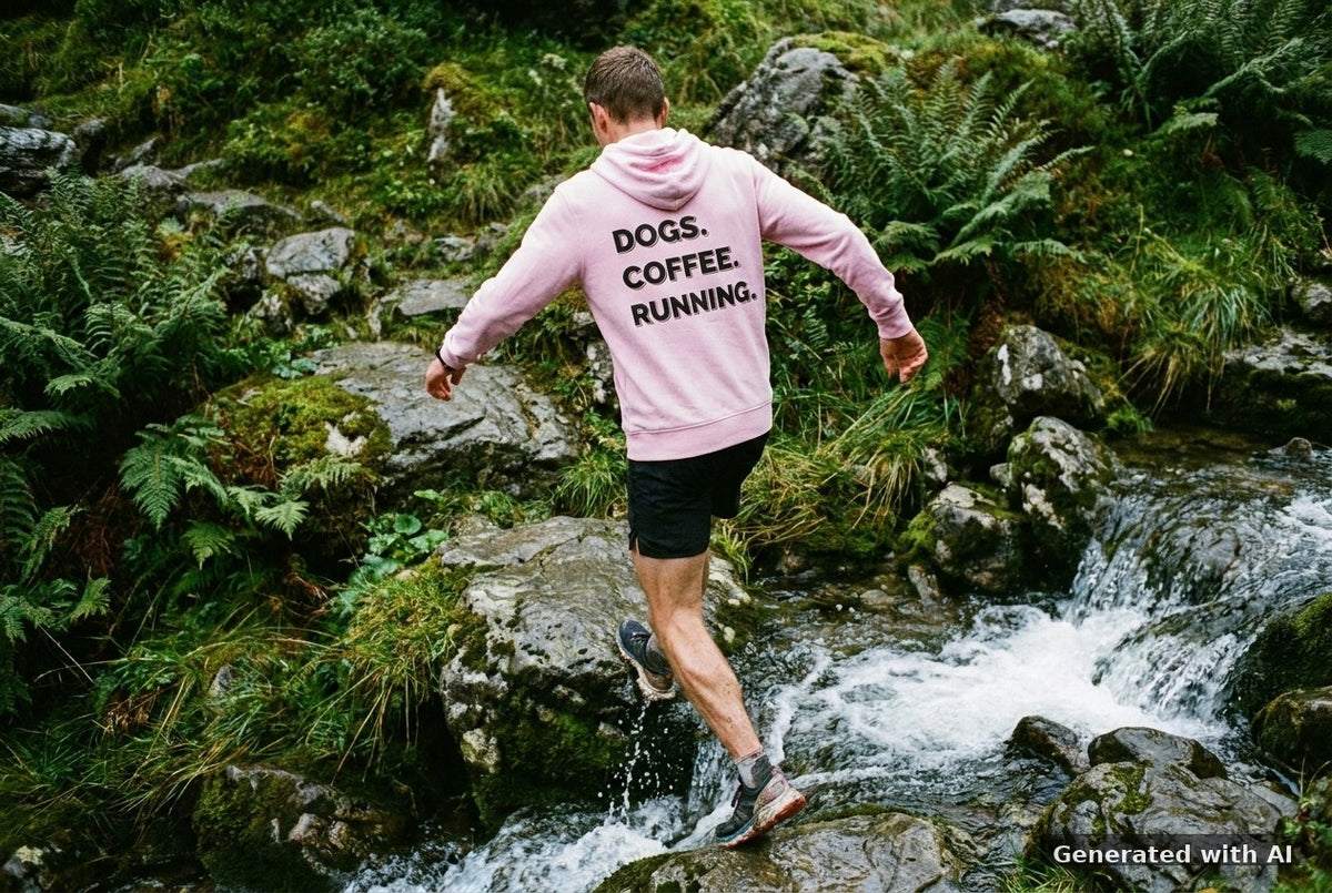 DOGS. COFFEE. RUNNING Hoodie – Organic Trail Running Hoodie (Black Print) - Trail Mockup (Back) [Lilac Dream]