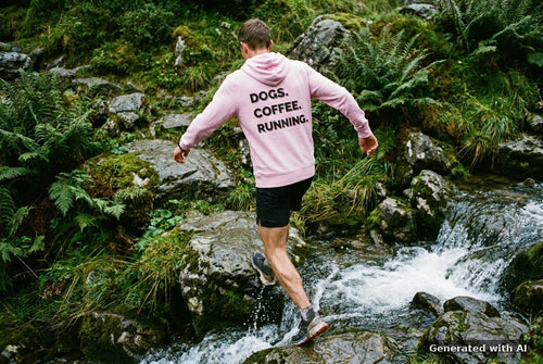 DOGS. COFFEE. RUNNING Hoodie – Organic Trail Running Hoodie (Black Print) - Trail Mockup (Back) [Lilac Dream]