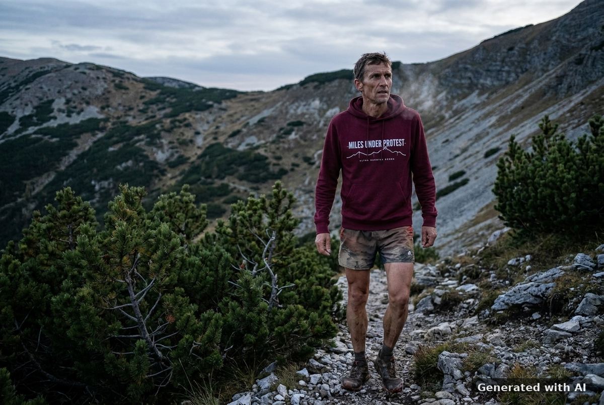 MILES UNDER PROTEST Organic Trail Running Hoodie – White Print - Trail Mockup (Front) [Burgundy]