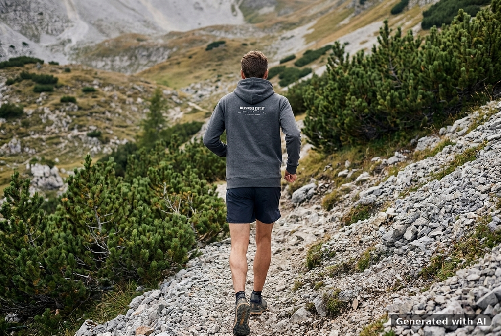 KONTROLLIERT GESTORBEN Organic Trail Running Hoodie - White Print - Trail Mockup (Back) [Dark Heather Grey]