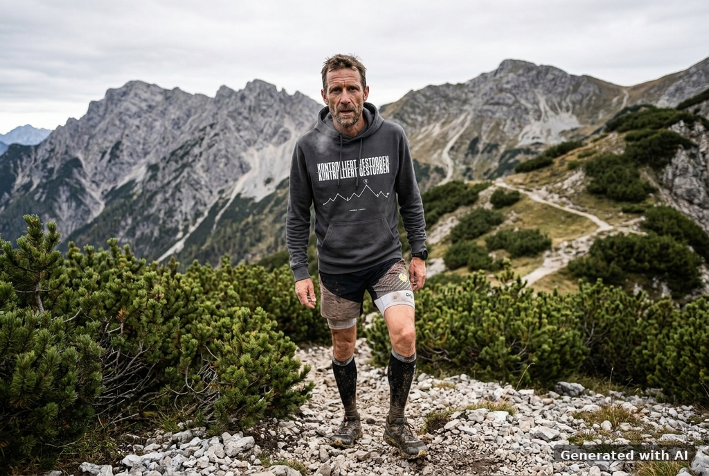 KONTROLLIERT GESTORBEN Organic Trail Running Hoodie - White Print - Trail Mockup (Front) [Dark Heather Grey]