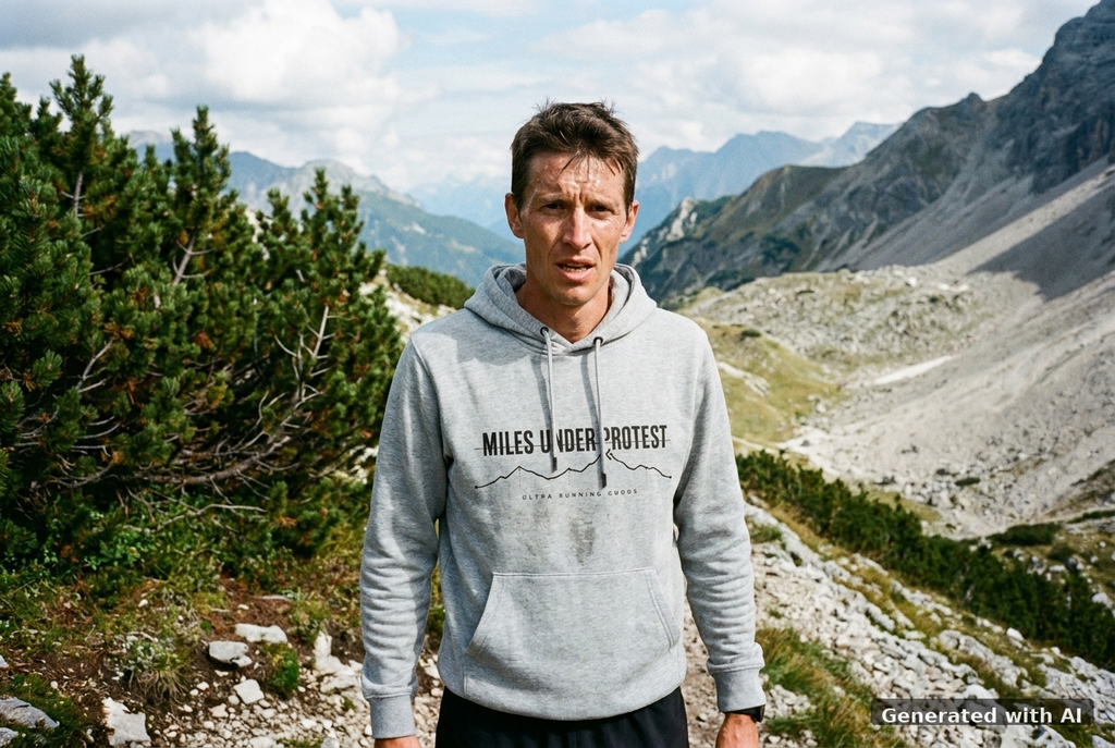 MILES UNDER PROTEST Hoodie – Organic Trail Running Hoodie (Black Print) - Trail Mockup (Front) [Mid Heather Grey]