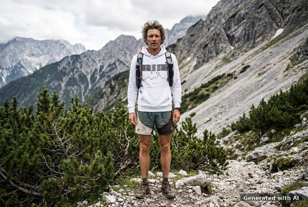 KONTROLLIERT GESTORBEN Organic Trail Running Hoodie - Black Print - Trail Mockup (Front) [White]