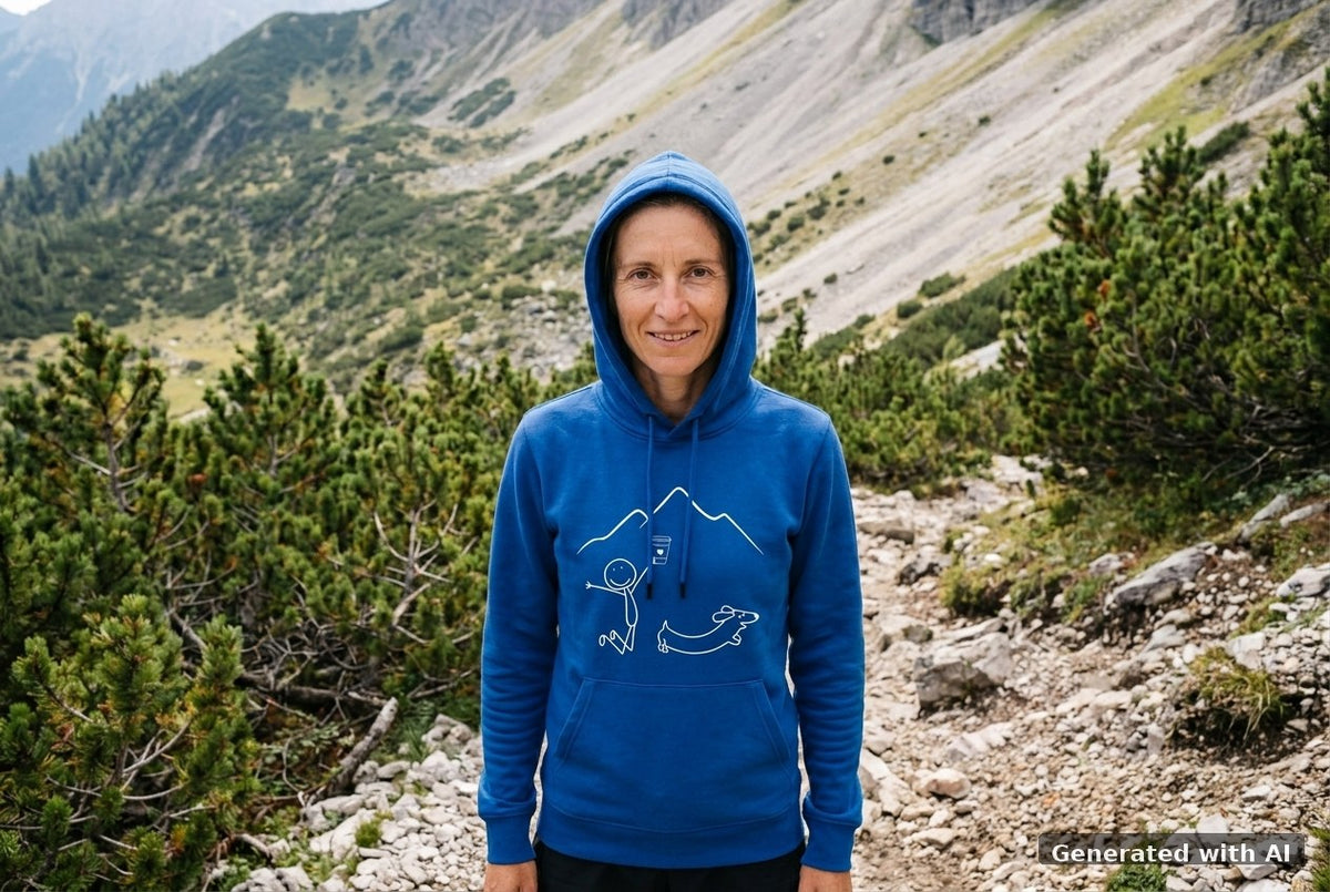 DOGS. COFFEE. RUNNING Hoodie – Organic Trail Running Hoodie (White Print) - Trail Mockup (Front) [Worker Blue]