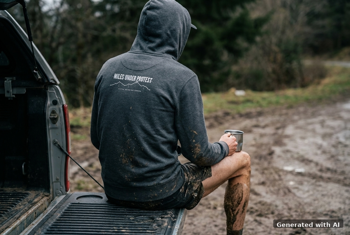 EMBRACE THE PAIN Hoodie – Organic Trail Running Hoodie (White Print) - Trail Mockup (Back) [Dark Heather Grey]