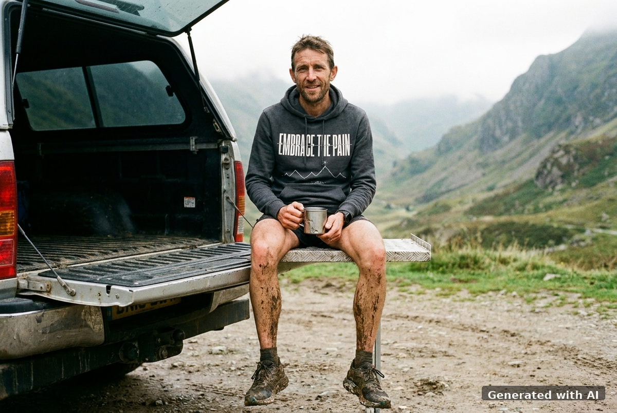 EMBRACE THE PAIN Hoodie – Organic Trail Running Hoodie (White Print) - Trail Mockup (Front) [Dark Heather Grey]