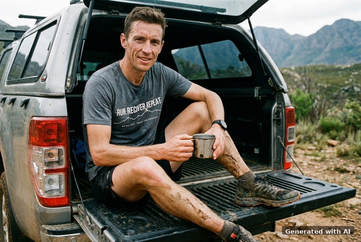 RUN RECOVER REPEAT Tee – Organic Trail Running T-Shirt - Trail Mockup (Front) [Dark Heather Grey]