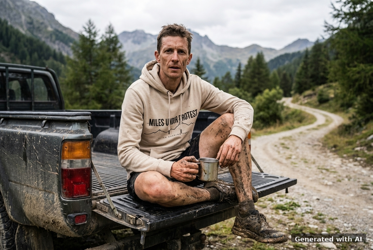 MILES UNDER PROTEST Hoodie – Organic Trail Running Hoodie (Black Print) - Trail Mockup (Front) [Desert Dust]