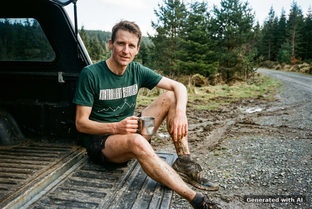 KONTROLLIERT GESTORBEN Organic Trail Running Tee – White Print - Trail Mockup (Front) [Glazed Green]