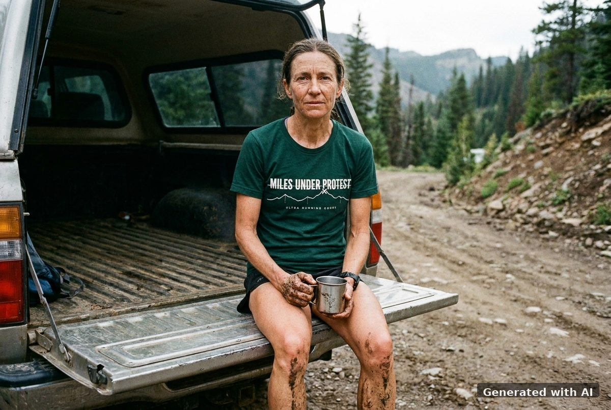 MILES UNDER PROTEST Tee – Organic Trail Running T-Shirt (White Print) - Trail Mockup (Front) [Glazed Green]