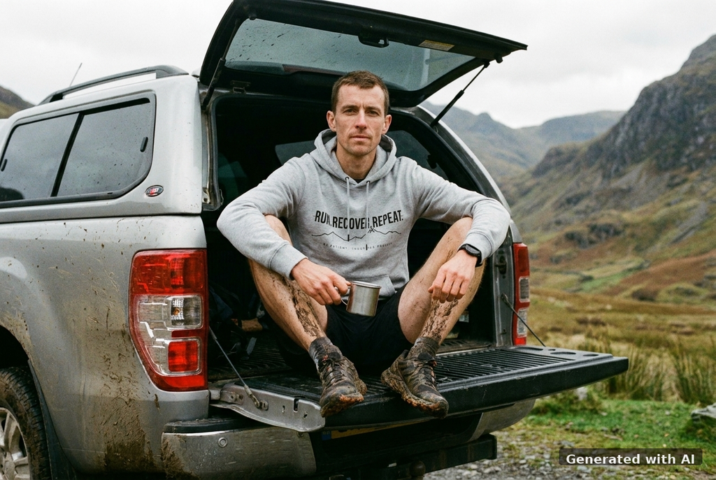 RUN RECOVER REPEAT Hoodie – Organic Trail Running Hoodie (Black Print) - Trail Mockup (Front) [Heather Grey]