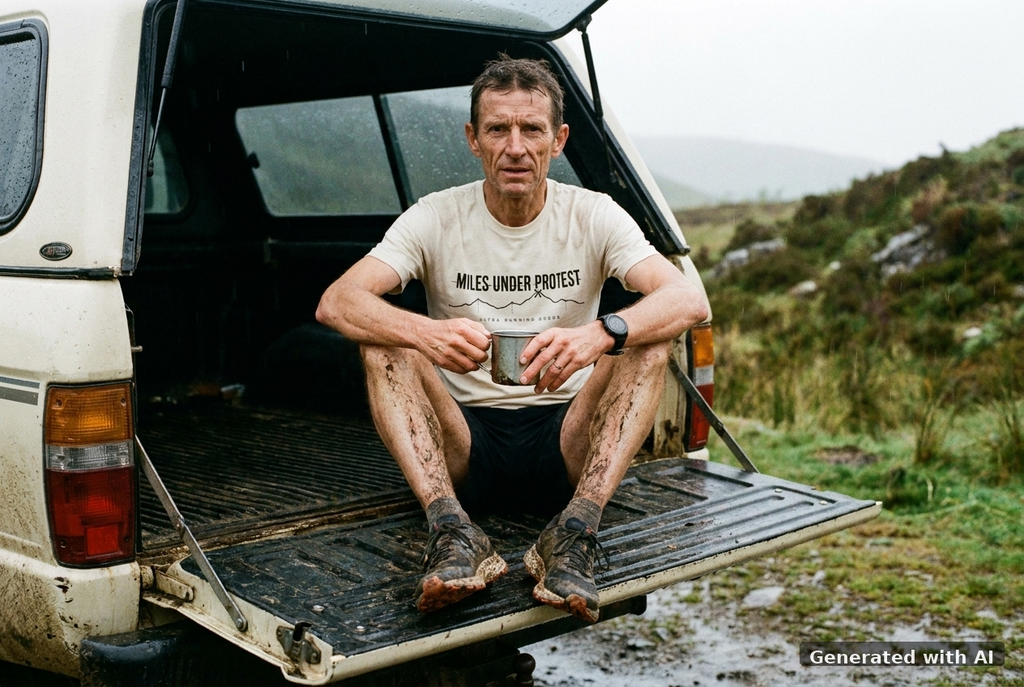 MILES UNDER PROTEST Tee – Organic Trail Running T-Shirt (Black Print) - Trail Mockup (Front) [Natural Raw]