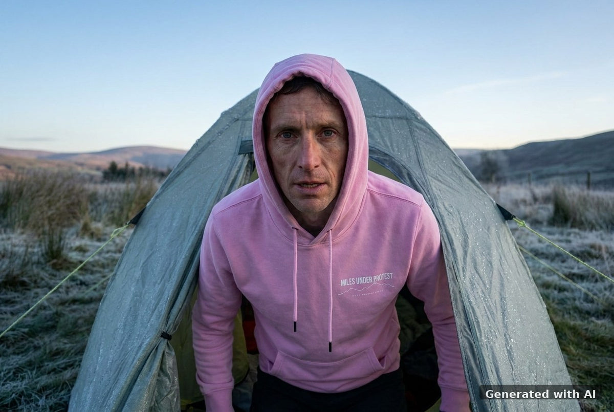 DOGS. COFFEE. RUNNING Hoodie – Organic Trail Running Hoodie (White Print) - Trail Mockup (Front) [Bubble Pink]