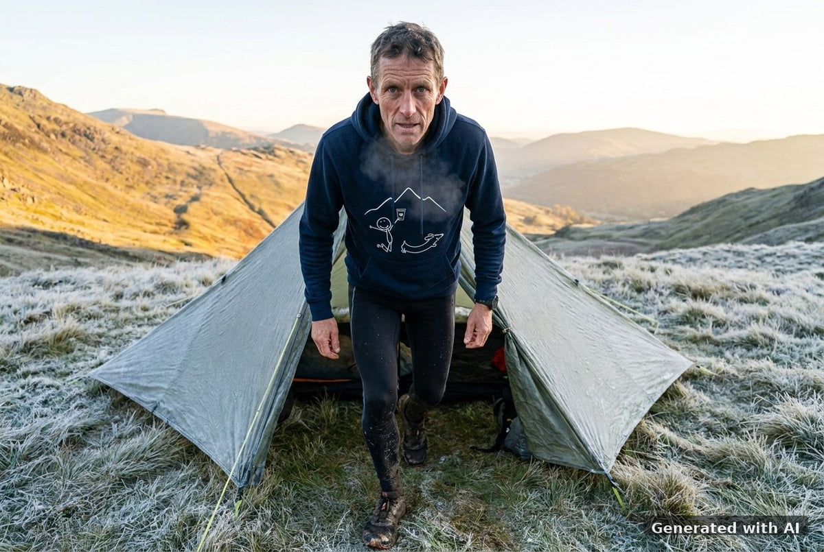 DOGS. COFFEE. RUNNING Hoodie – Organic Trail Running Hoodie (White Print) - Trail Mockup (Front) [French Navy]